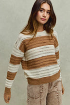 SO ME Women Sweater Openwork Textured Wide Stripe Cream Taupe Pullover 92daf589bbcd4bf4812bb83829a06995-Max-Origin Trendsi