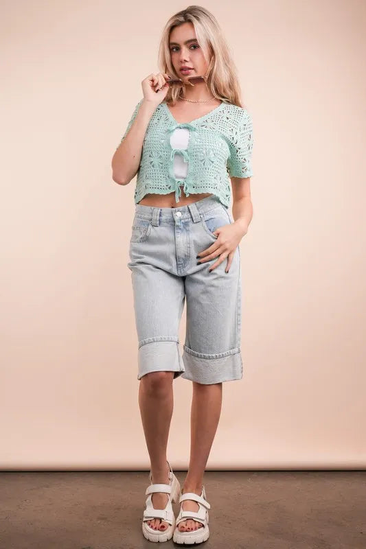 VERY J Crop Top Crochet Mint Front Tie Openwork Knit Short Sleeve Mint 92de4a8a6fd34d3bb4d850692bd17f80-Max-Origin Trendsi