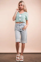 VERY J Crop Top Crochet Mint Front Tie Openwork Knit Short Sleeve Mint 92de4a8a6fd34d3bb4d850692bd17f80-Max-Origin Trendsi