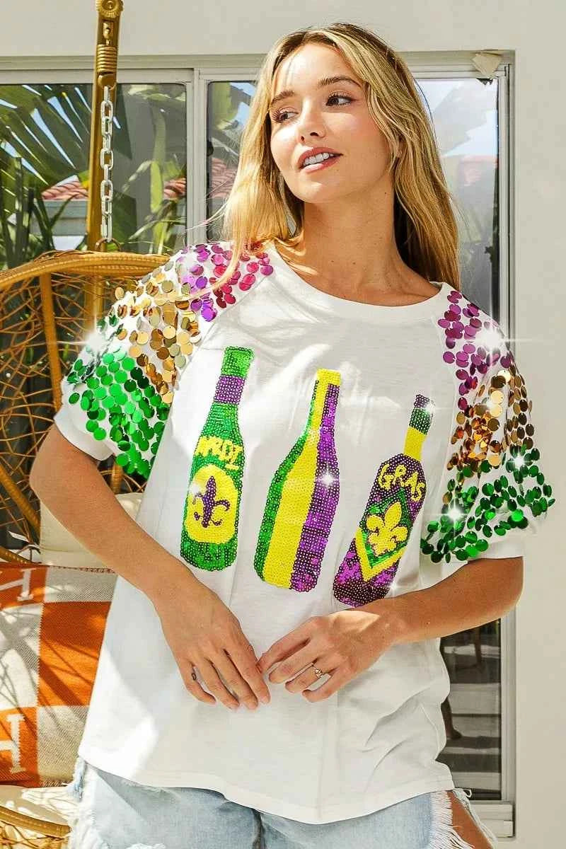 BiBi Sequin Mardi Gras Bottles Spangled Sleeve Top