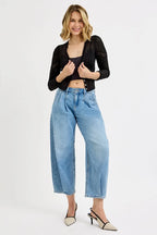 RISEN Women's Jeans Crop Wide Volume Leg Pleated Mid Rise Medium Wash 92efed887db74327912c956b22bd428b-Max-Origin Trendsi