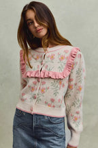 SO ME Womens Sweater Cardigan Beige Pink Flower With Ruffle Detailing 92fa07bf70ed430da8869d24696c5403-Max-Origin Trendsi