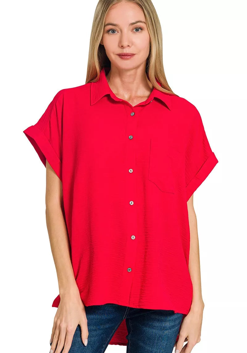 Zenana Women Shirt Red Woven Airflow Button Down Top Short Sleeve RUBY 92ff7413bc314c0e9f4f8dfcf6045fff-Max-Origin Trendsi