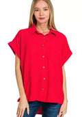 Zenana Women Shirt Red Woven Airflow Button Down Top Short Sleeve RUBY 92ff7413bc314c0e9f4f8dfcf6045fff-Max-Origin Trendsi