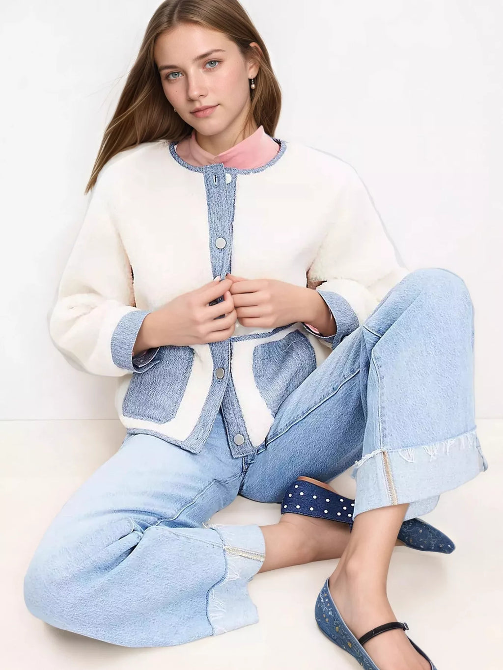 Women's Teddy Jacket White with Denim Contrast Trim Thick Outwear 930a66a3d2bd4918b55980c97c43d726-Max-Origin Trendsi