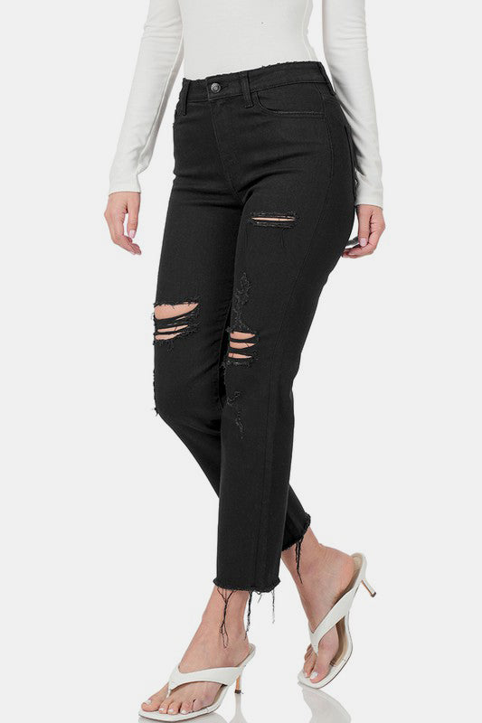 Zenana Black Women Cropped Jeans Distressed Raw Hem Slim Denim Pants