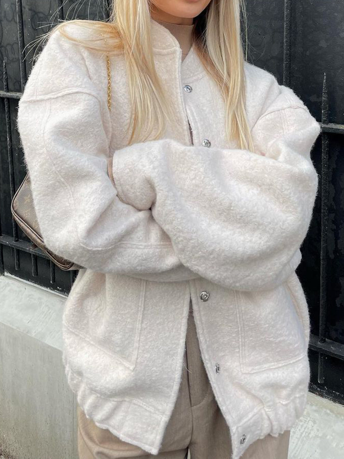 Women Jacket Snap Collared Long Sleeve Elastic Hem Oversized Pocketed White 9320ef0e-358a-450a-b8e2-e01d9a109a7d-Max Trendsi