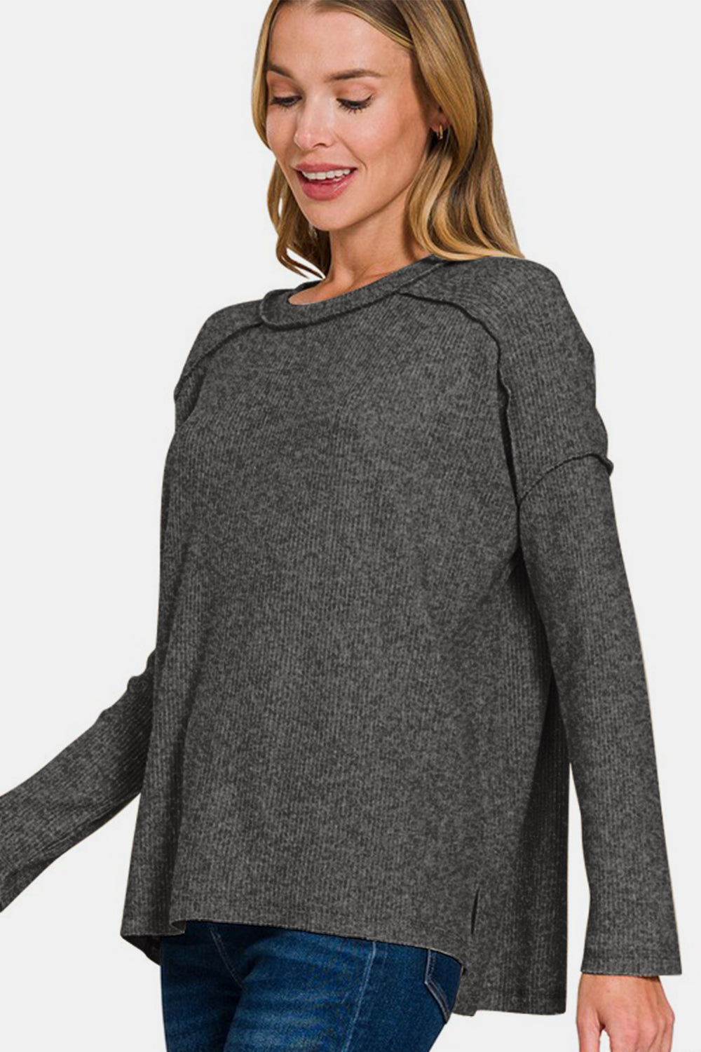 Zenana Black Women Sweater Exposed Seam Brushed Round Neck High-Low 93303219-25de-4313-8624-24ebd6a57728-Max Trendsi