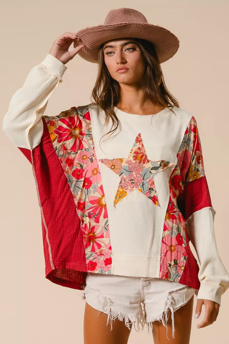 BiBi Sweatshirt Floral Print Mixed Star Patch Round Neck Top 934bbd68337749eba54e3d64c14061db-Max-Origin Trendsi