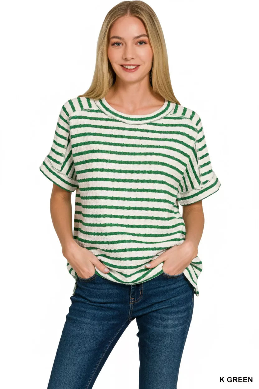 Zenana T-shirt Green Stripe Jacquard Round-Meck Top Tee 93507e8e-b5ca-4f4b-bda9-a317d330f55d-Max-Origin Trendsi