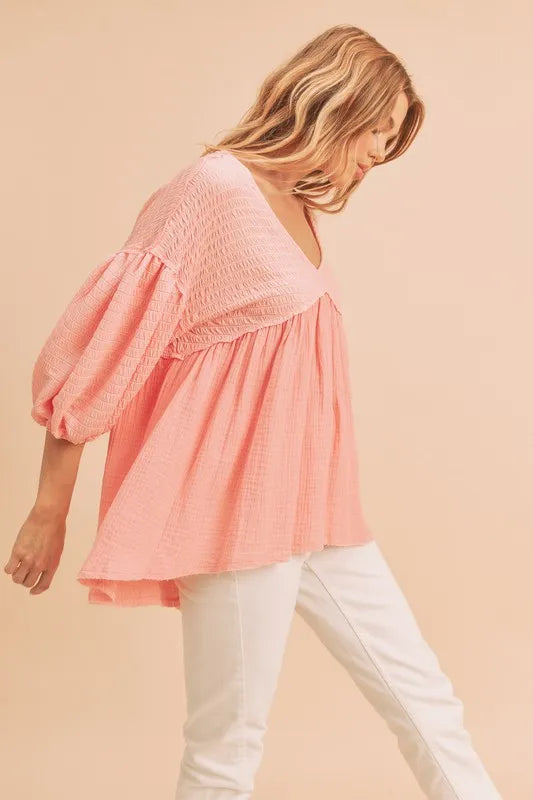 Aemi + Co Blouse Oversized High-Low Frayed Hem V-Neck Half Sleeve 935d13b7-a438-4d60-a000-04cf0836b733-Max-Origin Trendsi
