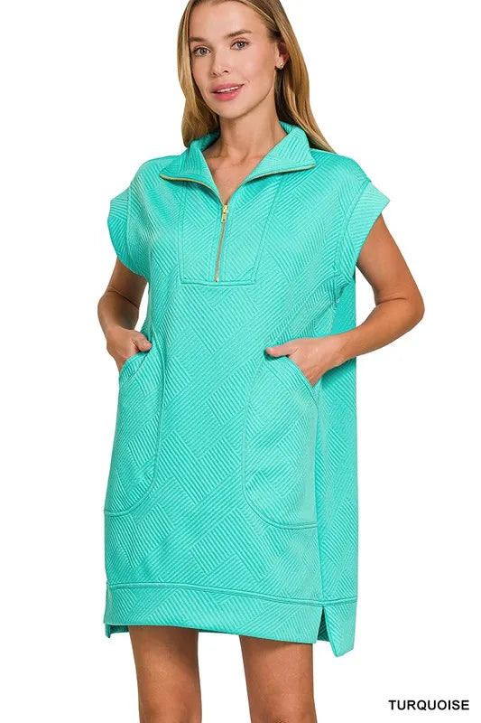 Zenana Mini Dress Textured Knit Jacquard Turquoise Quarter Zipper Oversized 935f9de42b904420a079760a346fda39-Max-Origin Trendsi