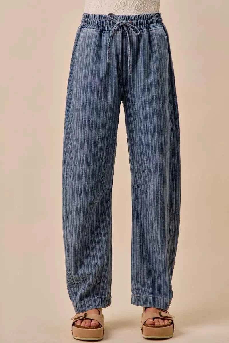 SO ME Stripe Denim Barrel Jeans Drawstring Waistband