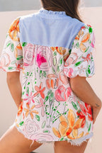 Floral Blouse Striped Yoke Frilled Tie Neck Short Puff Sleeve Top 93650b1e-ebd0-4537-b530-38e73ff30a3e-Max Trendsi