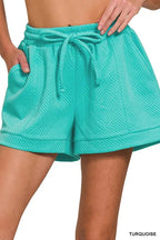 Zenana Turquoise Shorts Textured Knit Jacquard Drawstring Pocketed TURQUOISE 9370fef4bb0d468bb94f83358219dec8-Max-Origin Trendsi