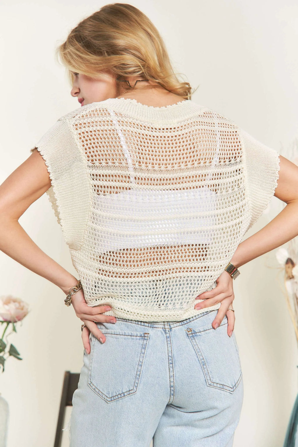 ADORA Crochet Top Beige Drawstring Detail Tied Ruched Openwork 9375096108824ca6804be7e835e85467-Max-Origin Trendsi