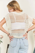ADORA Crochet Top Beige Drawstring Detail Tied Ruched Openwork 9375096108824ca6804be7e835e85467-Max-Origin Trendsi