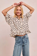 BiBi Womens Blouse Off White Black Polka Dot Peplum Top with Front Button 937de77b6f86436681a899eca950ea33-Max-Origin Trendsi