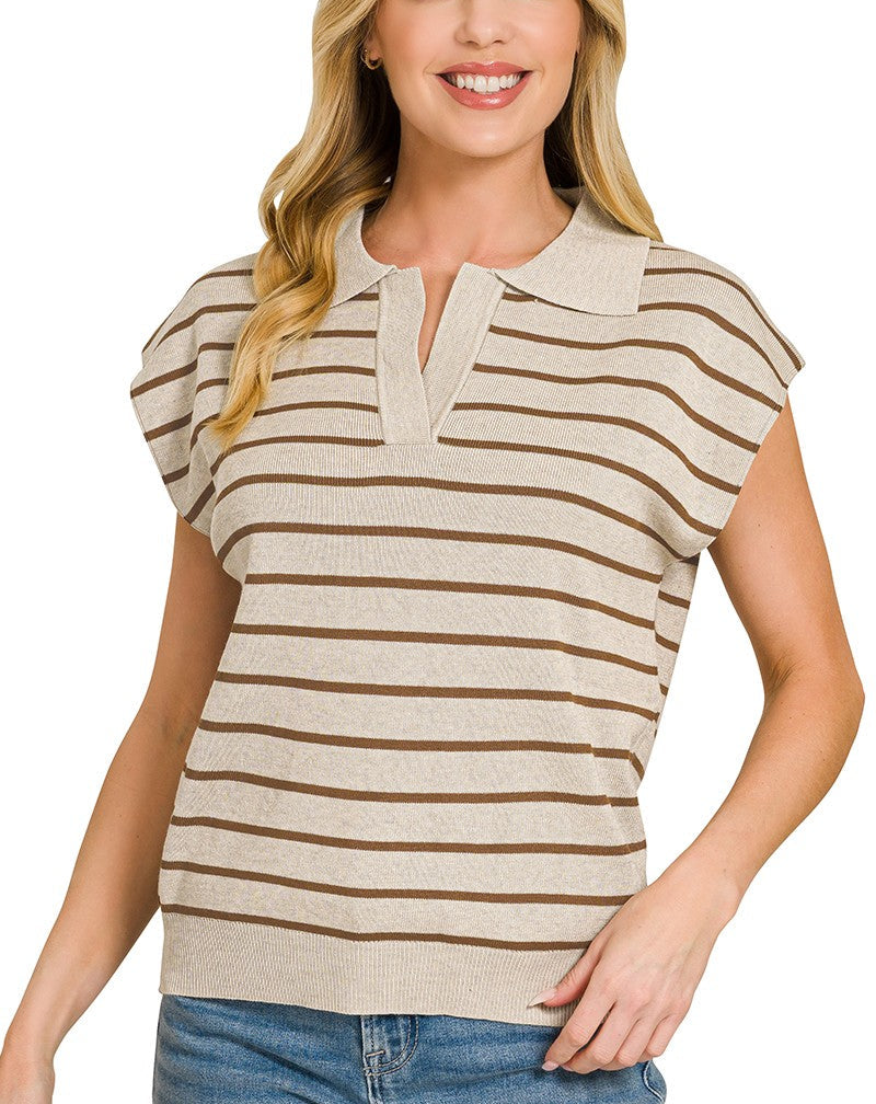 Zenana Viscose Striped Sweater Vest with Polo Collar