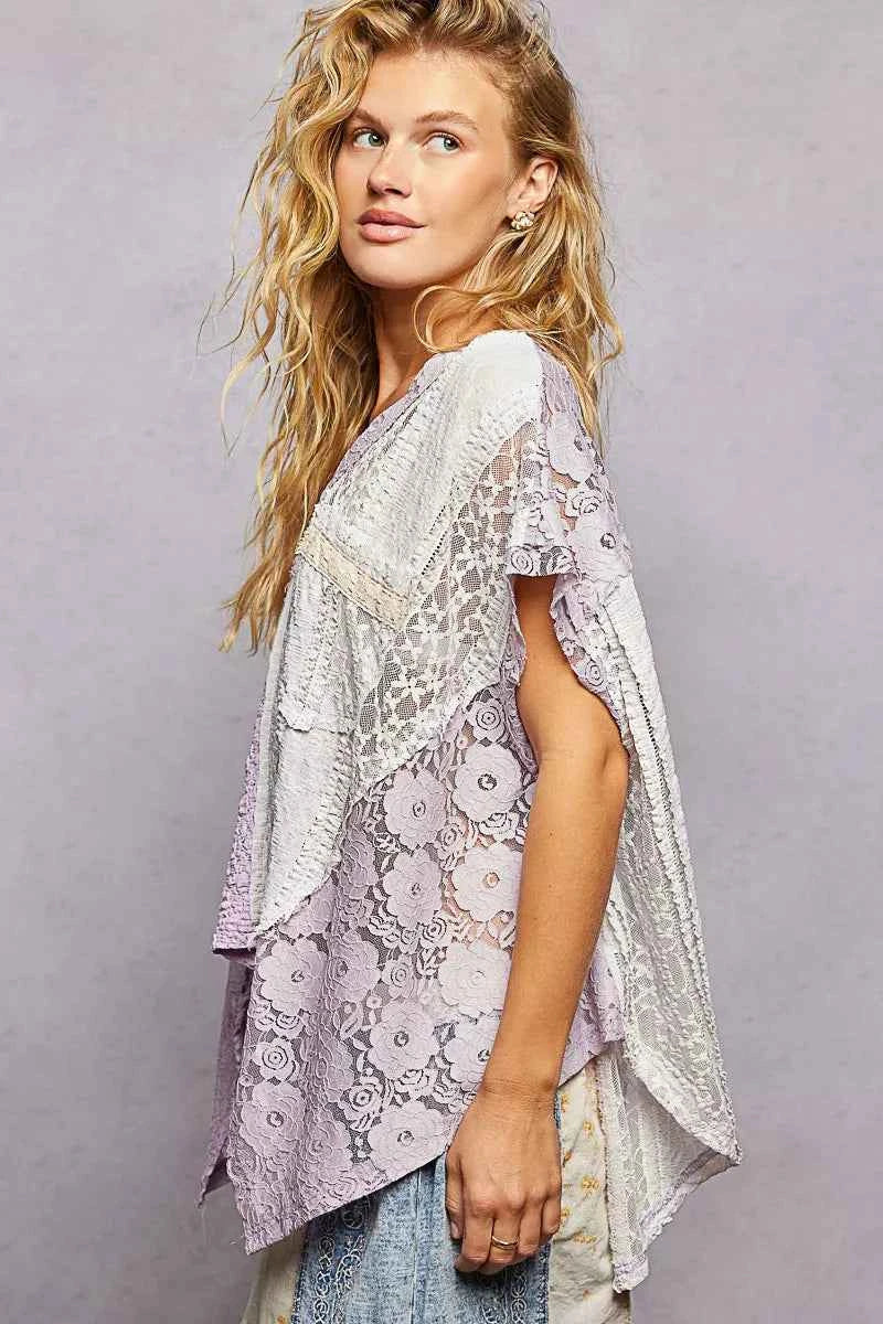 POL Asymmetrical V-Neck Short Sleeve Lace Top