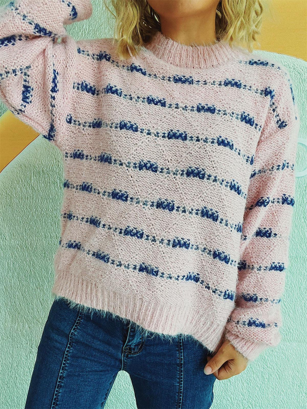 Striped Sweater Round Neck Long Sleeve Soft Knitwear 93962d6a-f40b-4912-958b-ee129456e137-Max Trendsi