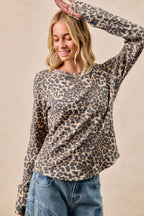 BiBi Womens T-shirt Leopard Print Washed Waffle Thermal Top 939b9816eb87432d8ef621238629acbe-Max-Origin Trendsi
