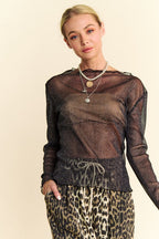 Glitter Mesh Black Top Sheer Davi & Dani USA Long Sleeve with Lettuce Hem 93a200d3-d482-4003-99e4-5f3499370ed9-Max Trendsi