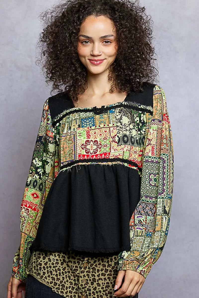 POL Womens Blouse Black Peplum Balloon Sleeve with Trim Detail Top 93a25270-e5df-4578-9a07-251c1ed6a835-Max-Origin Trendsi