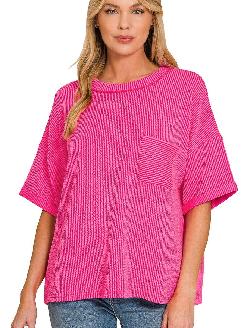 Zenana Raised Ribbed Short Sleeve Top with Front Pocket