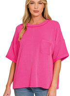 Zenana Raised Ribbed Short Sleeve Top with Front Pocket
