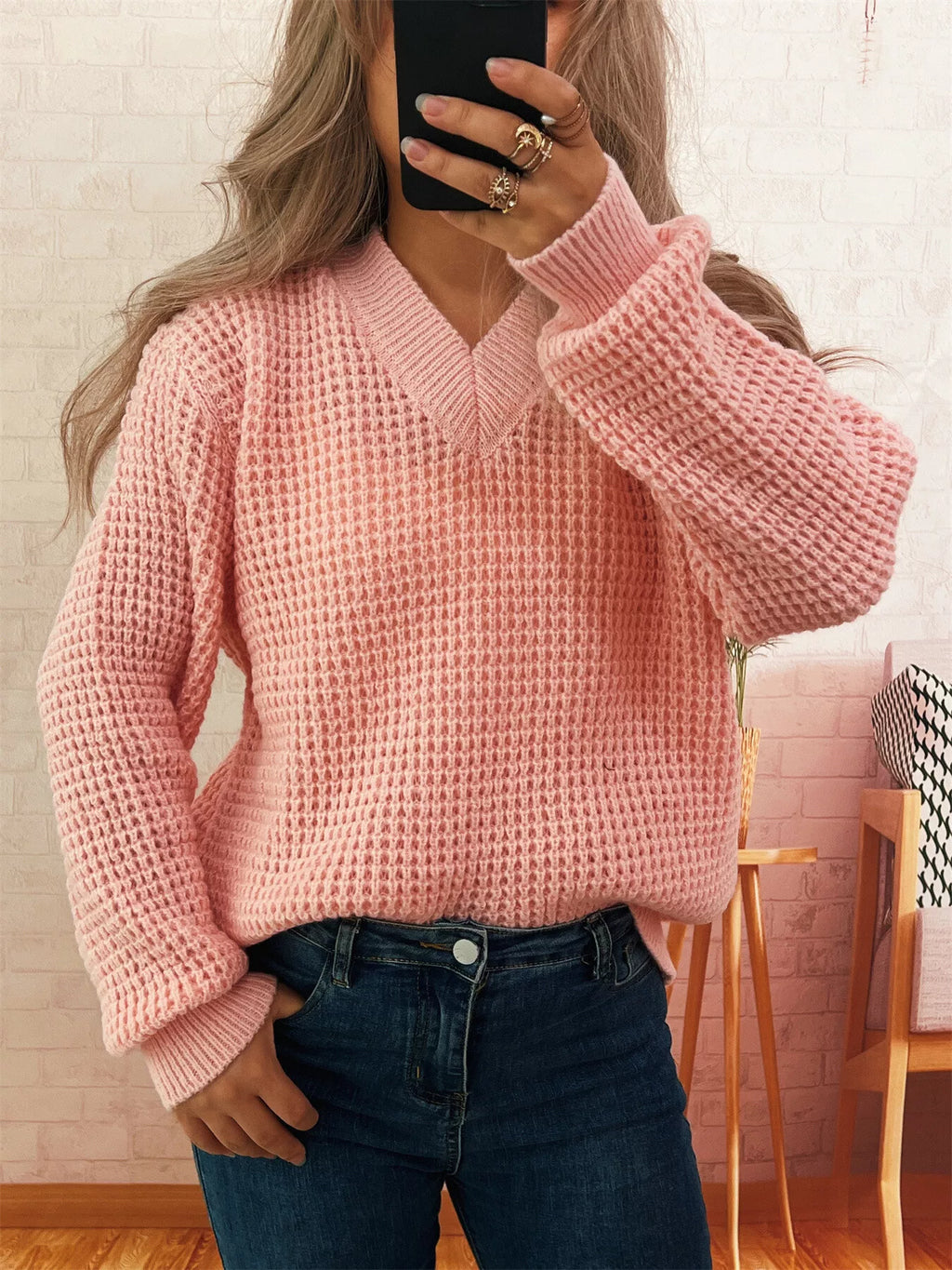 Women's Sweater V-Neck Textured Knit Loose Pullover Pink One Size 93aeebaeaffa483f80e59a508b05afc5-Max-Origin Trendsi