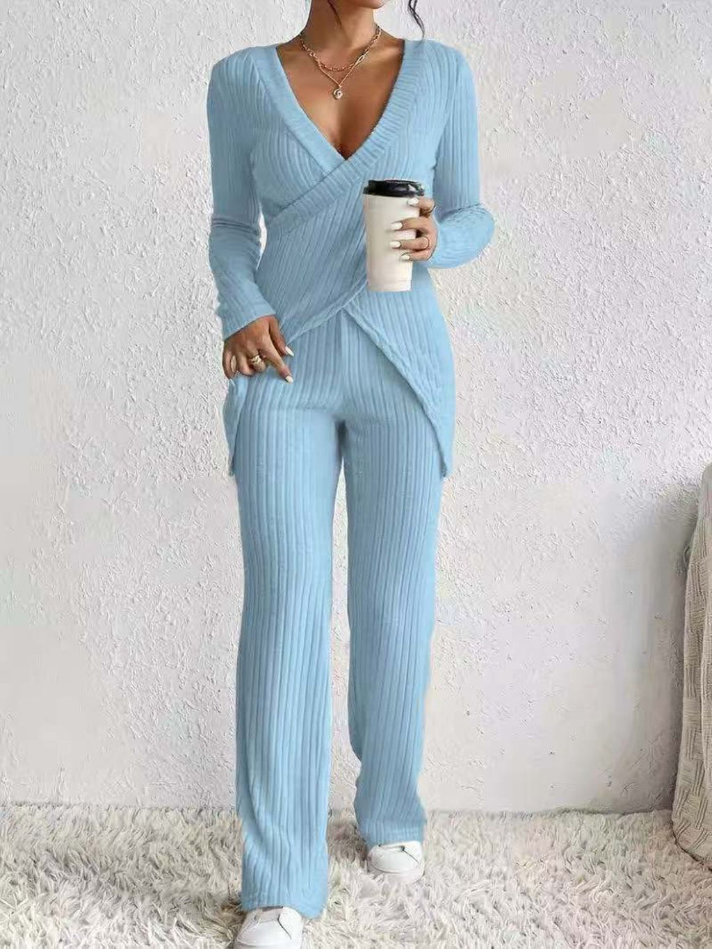 Women's Outfit Set Crisscross Surplice Top Long Sleeve and Pants Sets Pastel Blue 93b069bb-8bbf-4019-b3fe-068d870cf1a6-Max Trendsi