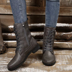Women's Boots Pu Leather Lace Up Zip Round Toe Block Mid Heels Shoes 93b19be755234180afd4b226e480bc57-Max-Origin Trendsi