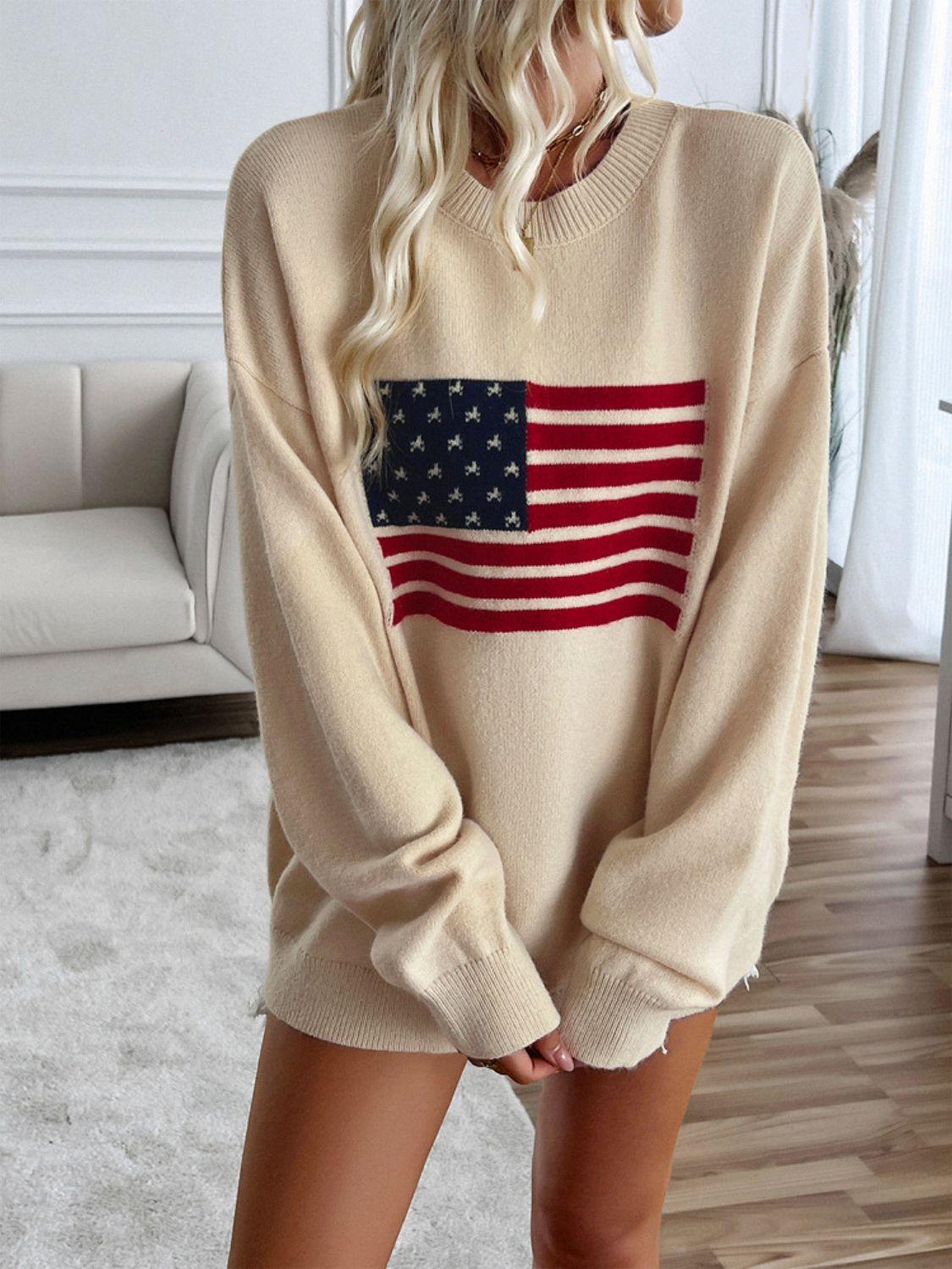 Knit Top US Flag Round Neck Long Sleeve Knitwear Beige 93b6cc8f-dbca-469c-bff0-120ea03cbc17-Max Trendsi