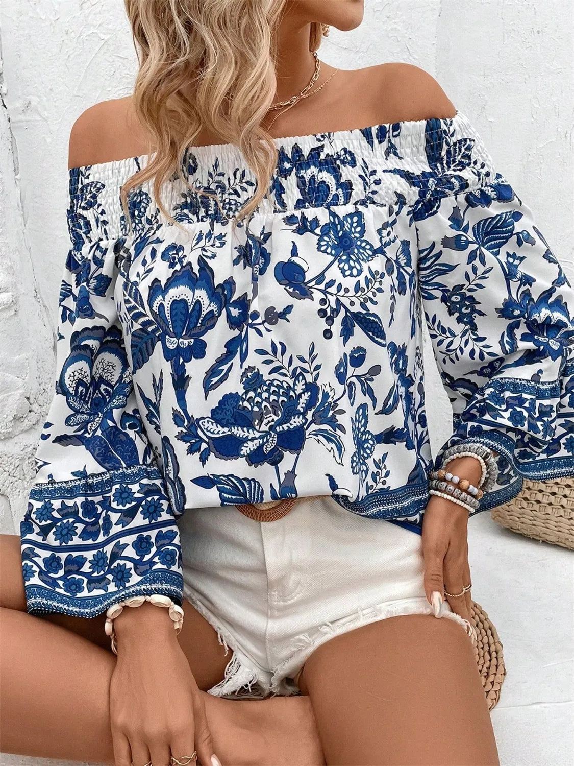 Off-Shoulder Floral Blouse Smocked Printed Navy Blue Top 93b77323-5ab0-4903-9a62-1c948e33c4d8-Max-Origin Trendsi