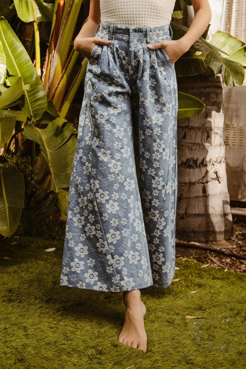BiBi Jeans Blue Floral Texture Wide Leg High Waisted Pocketed Pants DENIM 93b96a6d4be24ea4a97de561a80cf8ff-Max-Origin Trendsi