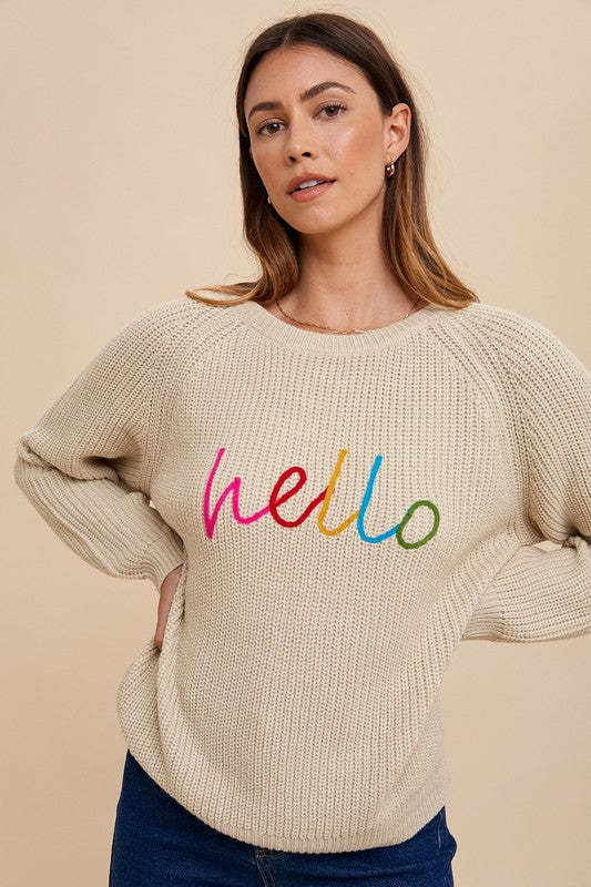 Women's Sweater Annie Wear HELLO Embroidered Raglan Sleeve Ribbed Oatmeal 93c2e44d-b379-458a-9191-e9d655d5b1bf-Max Trendsi
