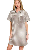 Zenana T-Shirt Dress Brown Stripe Collared Half Button Up Short Sleeve Mini Dress
