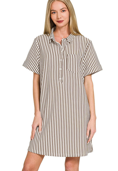 Zenana T-Shirt Dress Brown Stripe Collared Half Button Up Short Sleeve Mini Dress