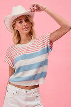 BiBi Women's Knit Top Striped Lightweight Short Sleeve Red Blue Sweater RED BLUE 93cd23707c7e4a218b73f16c8ac2b5c6-Max-Origin Trendsi
