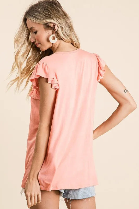 BiBi Jersey Top Ruffle Knit Gathered Coral Flaired Short Sleeve Blouse 93e29895fd7b4e4eaaba2c978316d227-Max-Origin Trendsi
