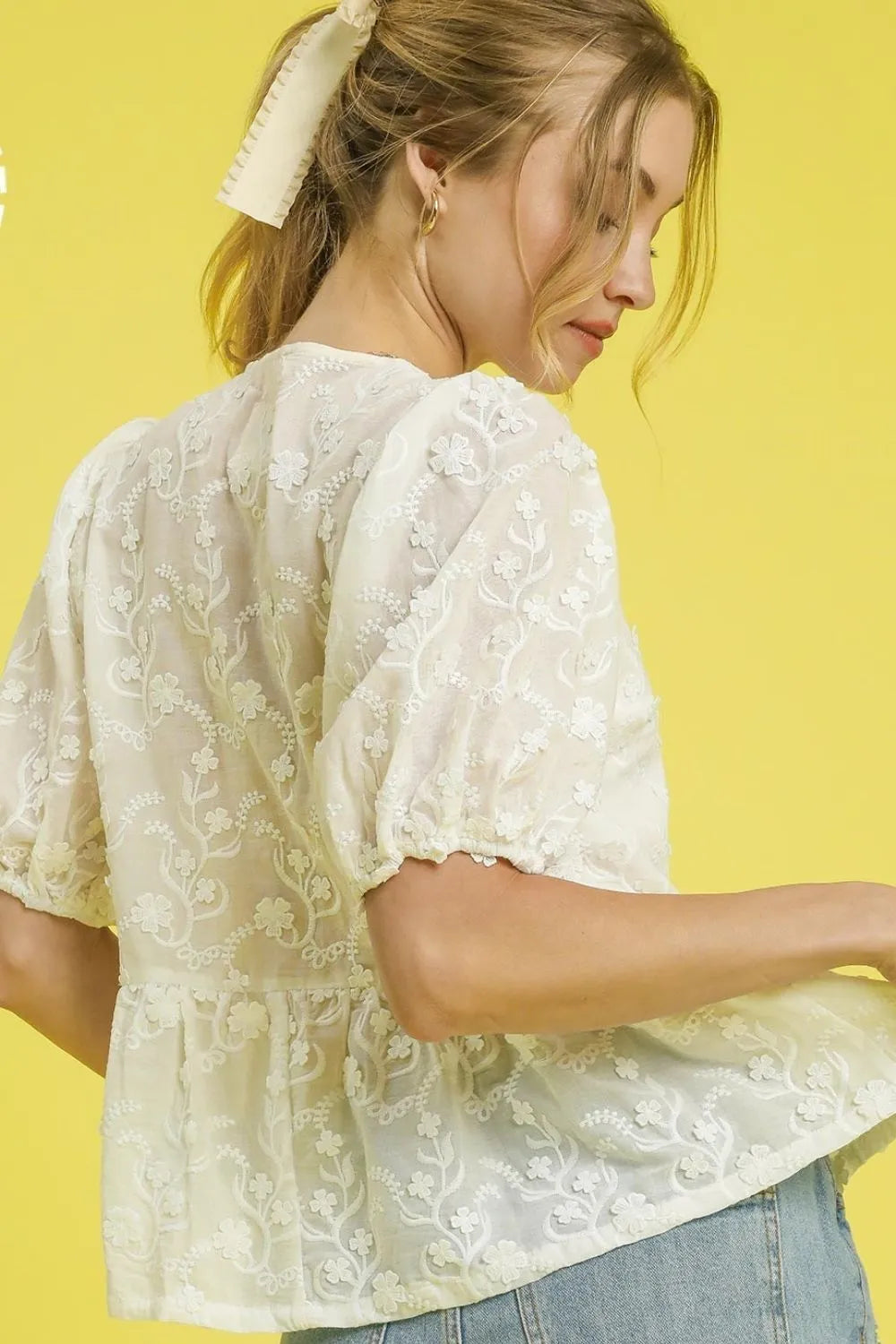 Umgee Blouse Cream Embroidered Bow Tie Front Neck Peplum Short Sleeve Top 93f10593-055e-48e1-a7f3-8ff8e7970ead-Max-Origin Trendsi