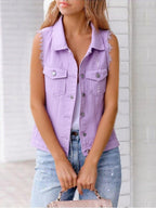 Denim Jacket Women's Raw Sleeveless Flap Pockets Plus Sizes S-5XL Lilac 93f382fe-67fe-4b8d-b122-688e9ea86f39-Max Trendsi