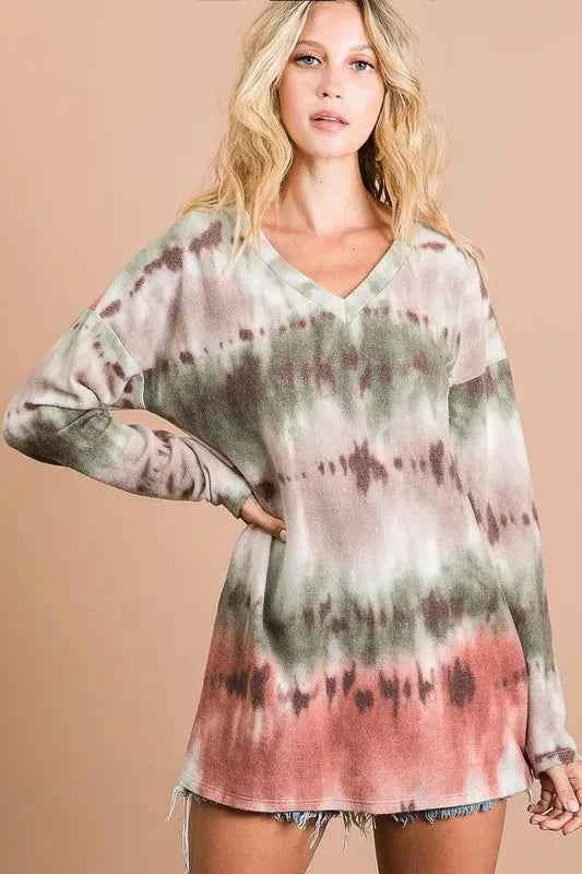 BiBi Brushed Tie Dye Looking Print V Neck Top