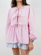 Blouse Front Tied Round Neck Long Sleeve Cotton Blend Tops 94052b2a-3306-46c9-95f8-93e905c56c80-Max_c315c76b-53d5-4fd8-92a2-d9325a801884 Trendsi
