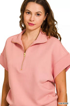 Zenana Sweatshirt Rose Scuba High Neck Half Zip Short Sleeve Top Plus Sizes 940632ab1ff245edbf7c0ff13988561b-Max-Origin Trendsi