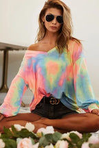BiBi Tie Dye Womens Blouse Pastel French Terry V Neck Top Long Sleeve 94089198b9504c6a871c81d3c65fc212-Max-Origin Trendsi
