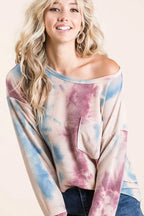 BiBi Womens Blouse Tie Dye Lavender Blue Print Terry Top With Front Patch Pocket 9408c4d6abf345b3a6f3109a805a4c46-Max-Origin Trendsi