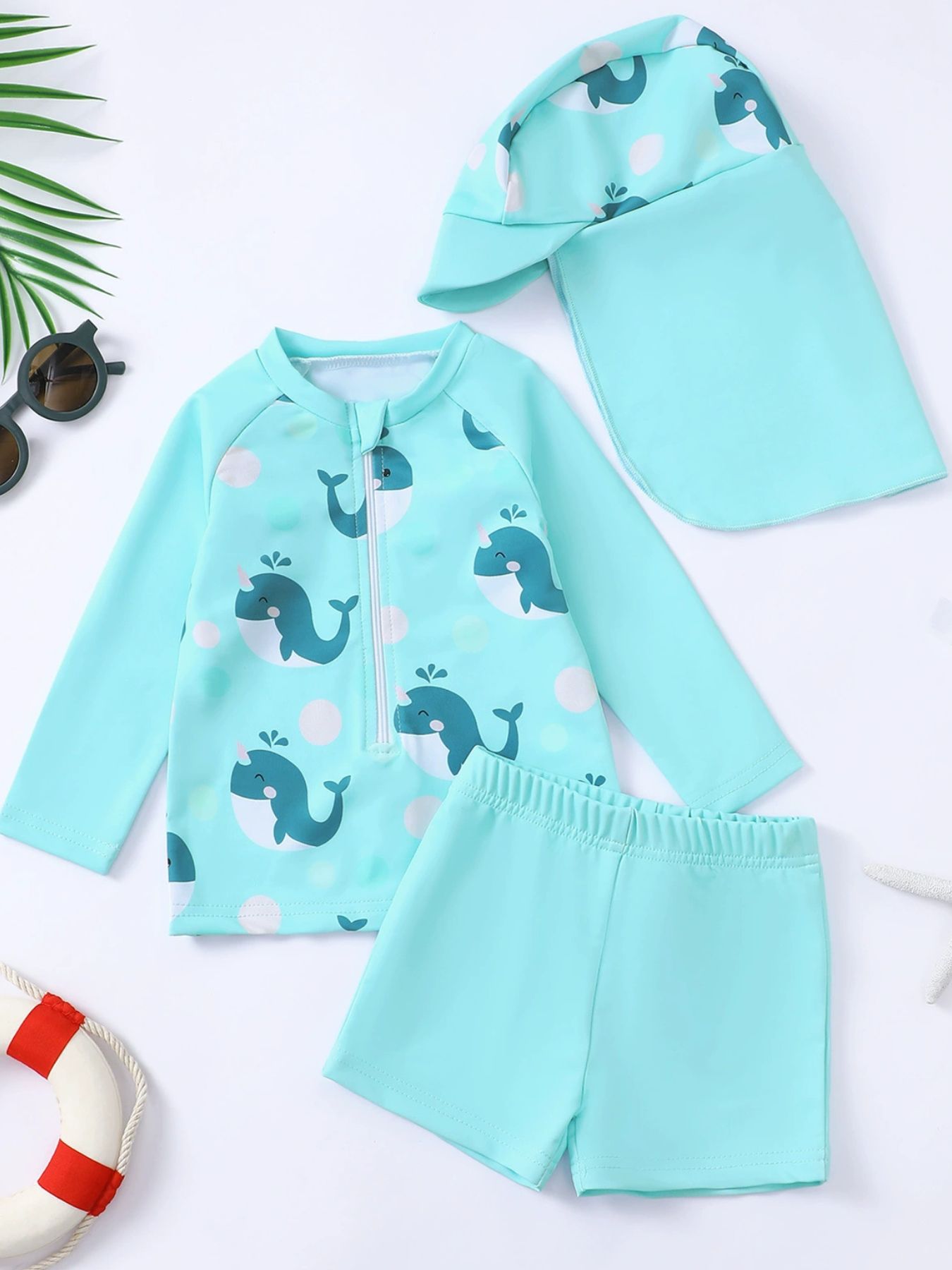 Children's Long Sleeve Swimwear Set with Whale Print - Three-Piece