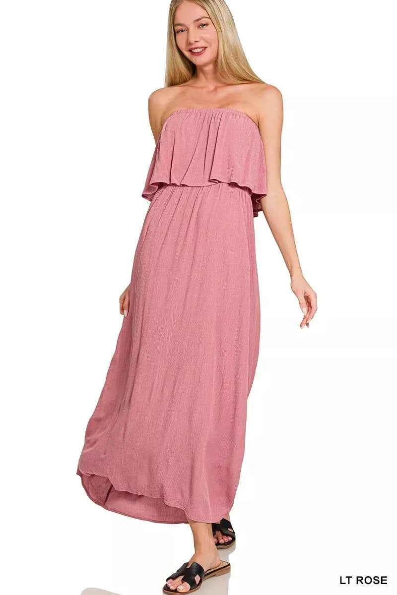 Zenana Woven Crinkle Strapless Maxi Dress